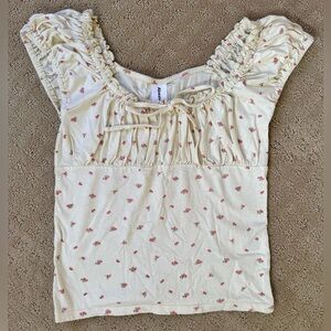 Yellow Floral Top Short Ruched Sleeve